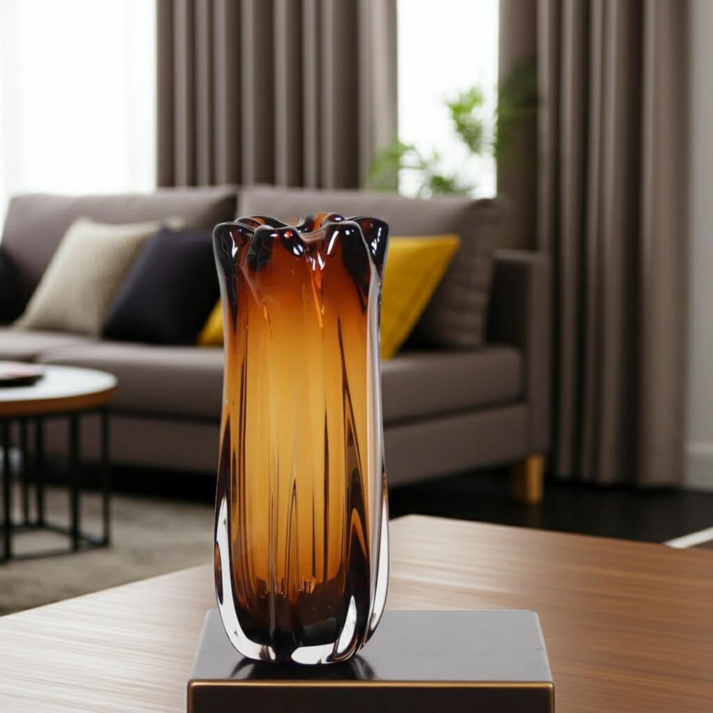 Handcrafted Amber Crystal Glass Vase | Thick Sculptural Floral Decor