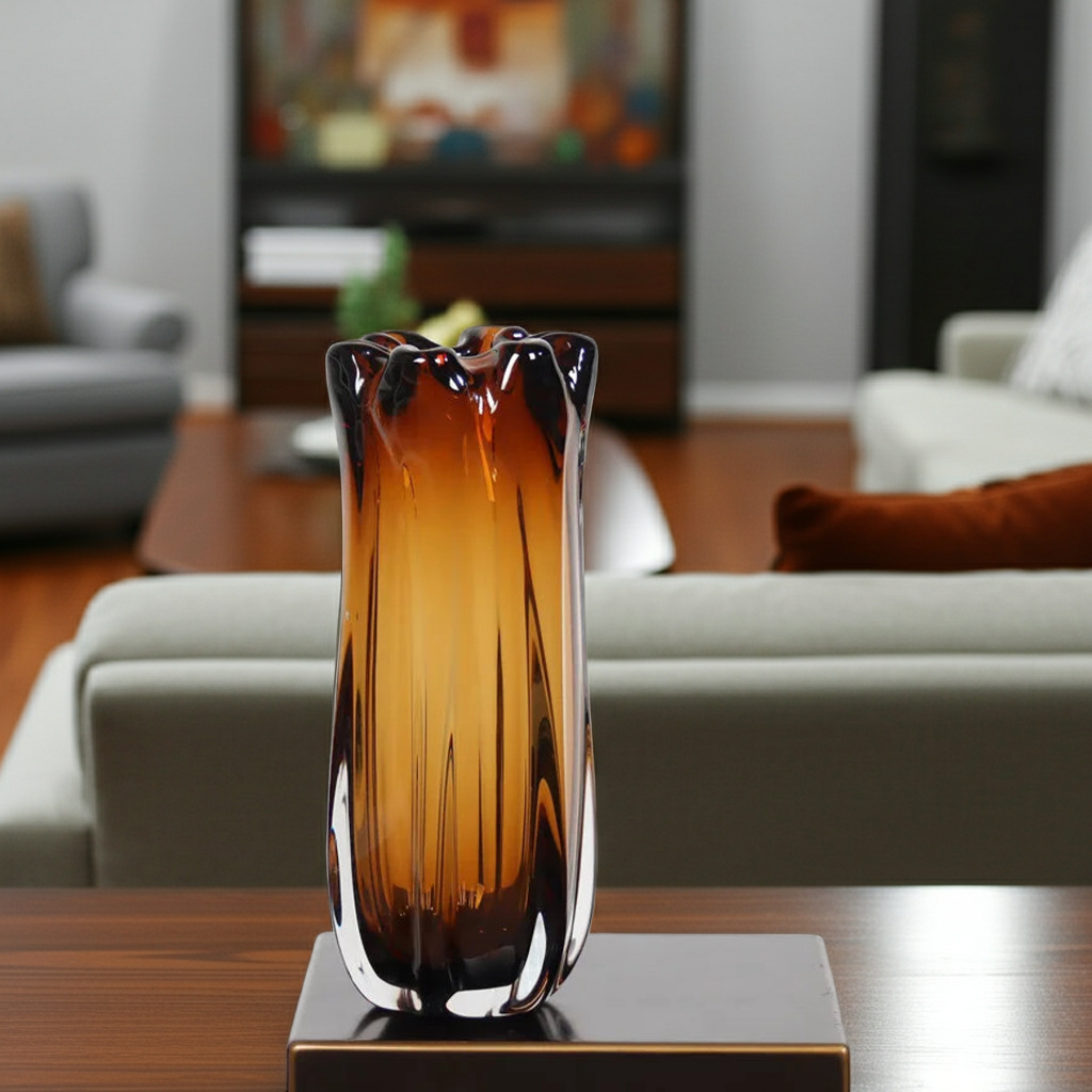 Handcrafted Amber Crystal Glass Vase | Thick Sculptural Floral Decor