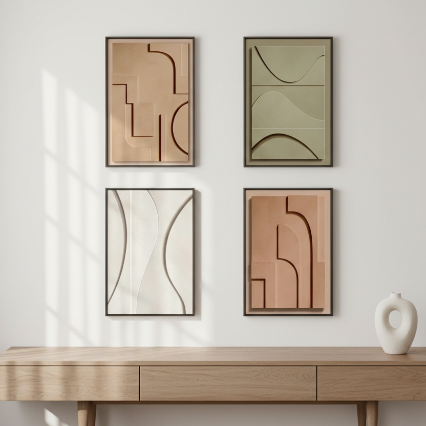 Four abstract wall art pieces in different colours on a white background
