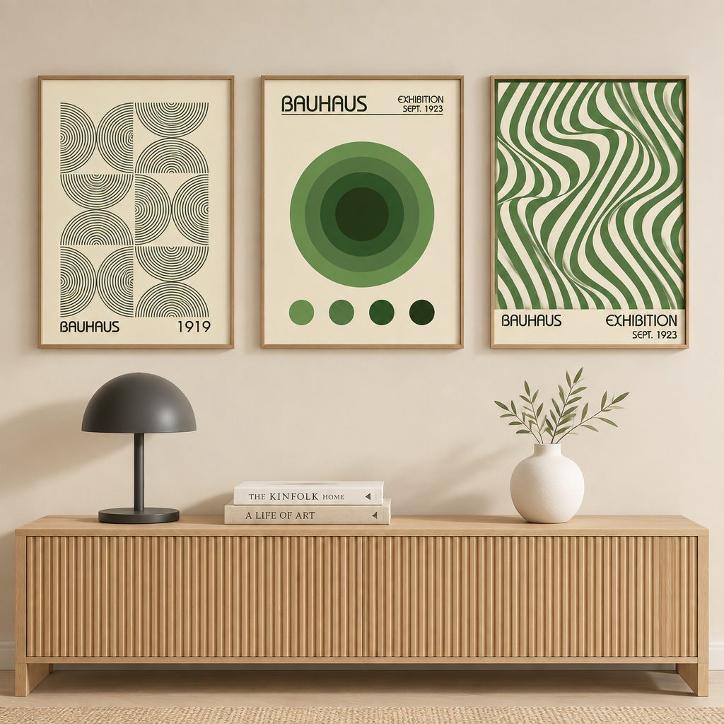 Three framed Bauhaus art prints in green and beige tones are displayed on a beige wall above a light wood console table with a black lamp and a white vase.