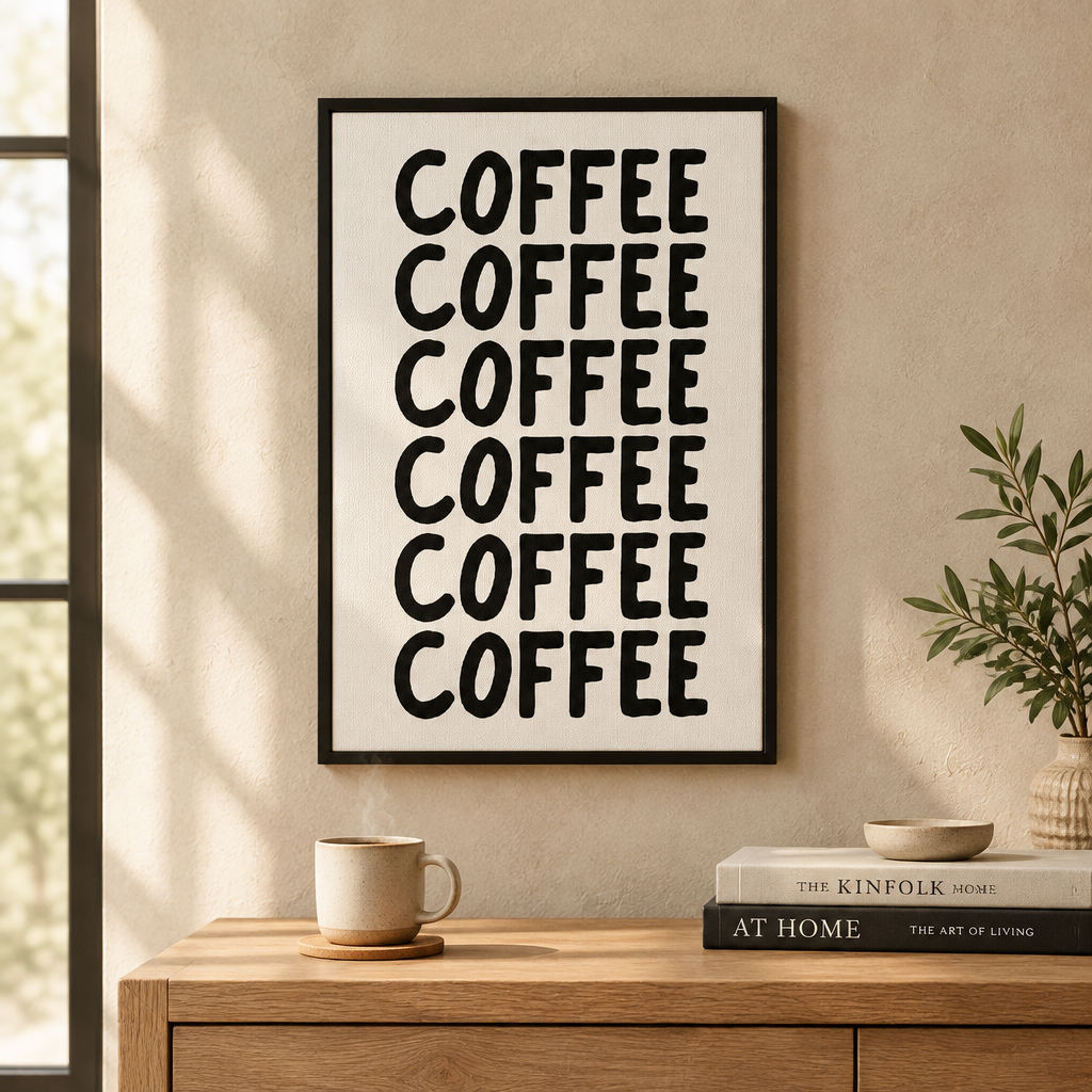 Coffee Repeat Text Brown: "Coffee" repeated typographic print in brown on cream