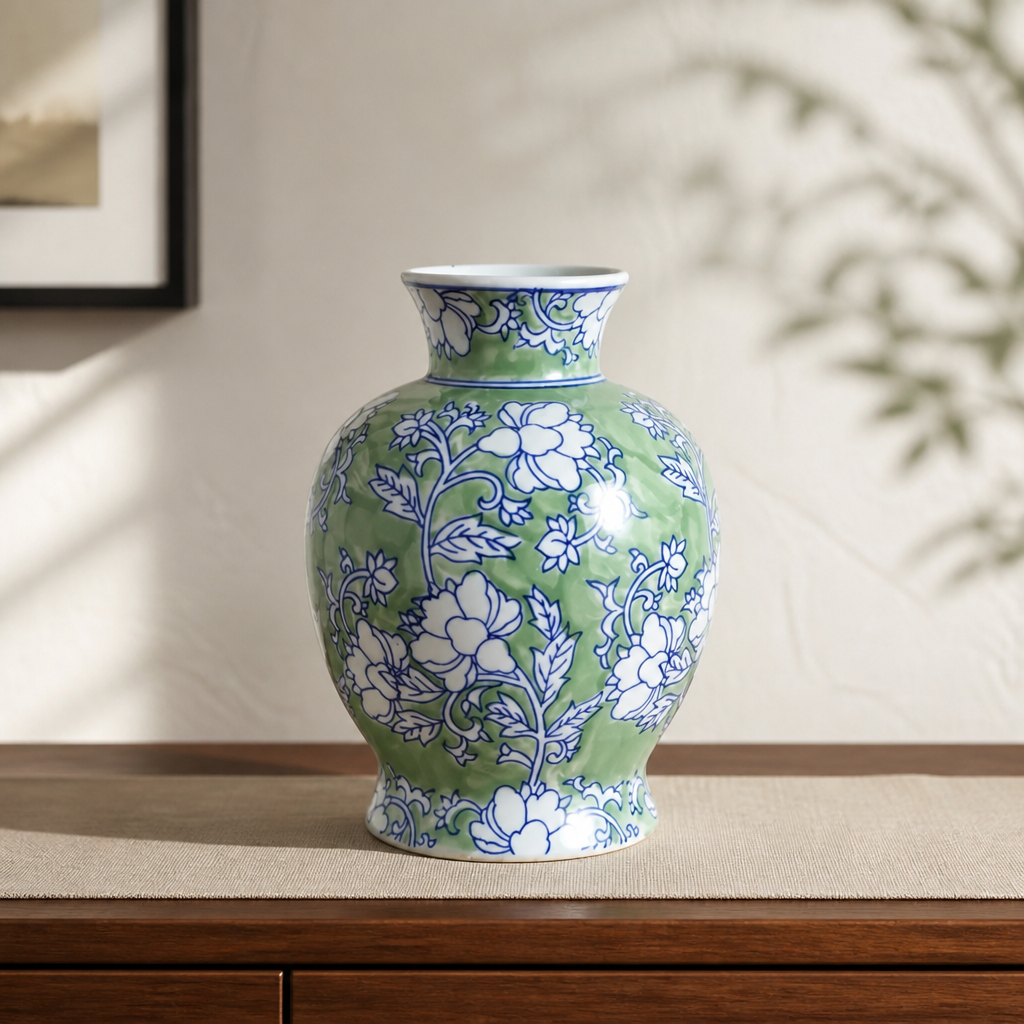 Green ceramic vase with floral patterns on a wooden surface