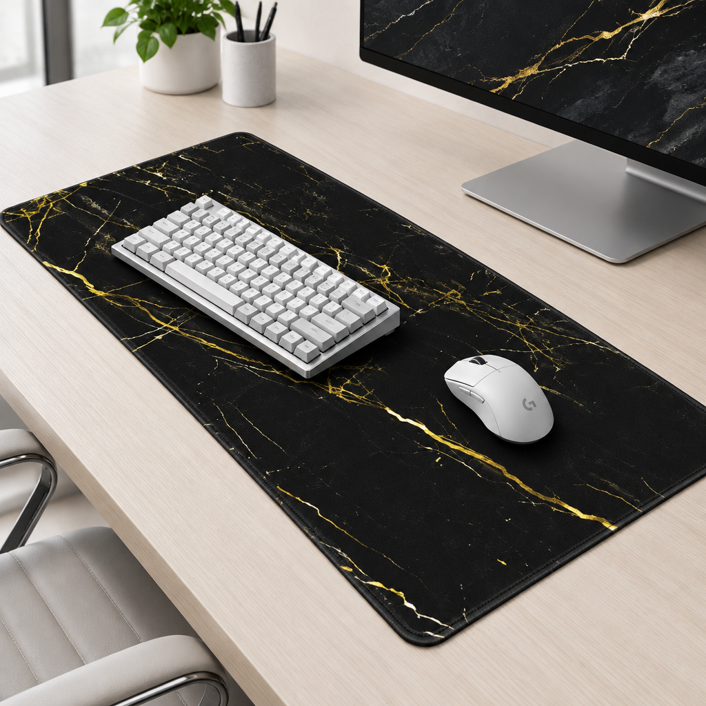 A large black desk mat with a gold marble pattern is displayed on a light wood desk, styled with a white keyboard and a white mouse. A computer monitor is partially visible in the background.
