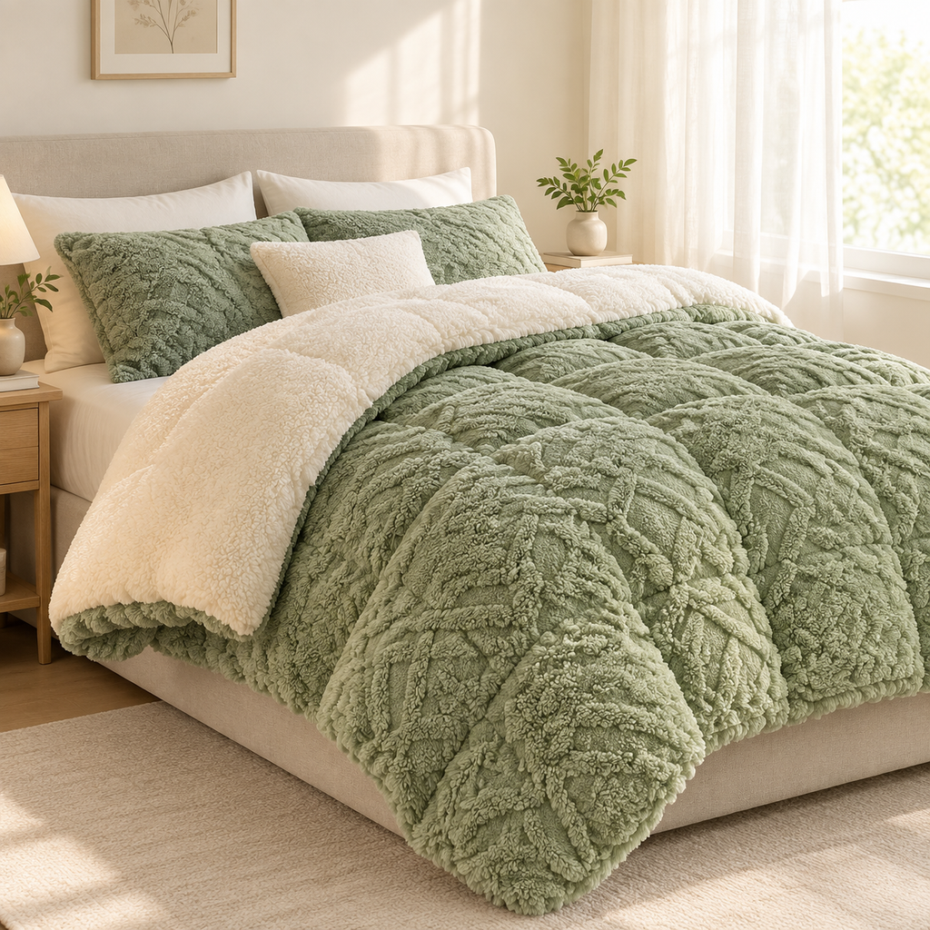 A cosy bed dressed in a textured sage-green and cream sherpa bedding set, styled in a bright, sunlit bedroom with a beige headboard, a bedside lamp, and small plants.