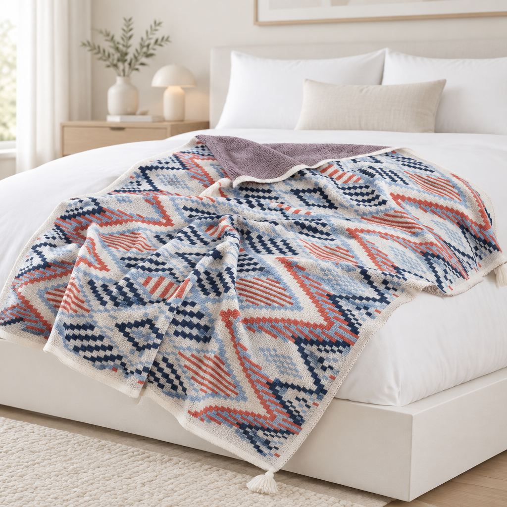 A patterned throw blanket draped over a bed in a bright, modern bedroom. The blanket features a geometric Southwestern-style design in navy blue, terracotta orange, and cream, with a solid cream border and a soft mauve-pink reverse side.