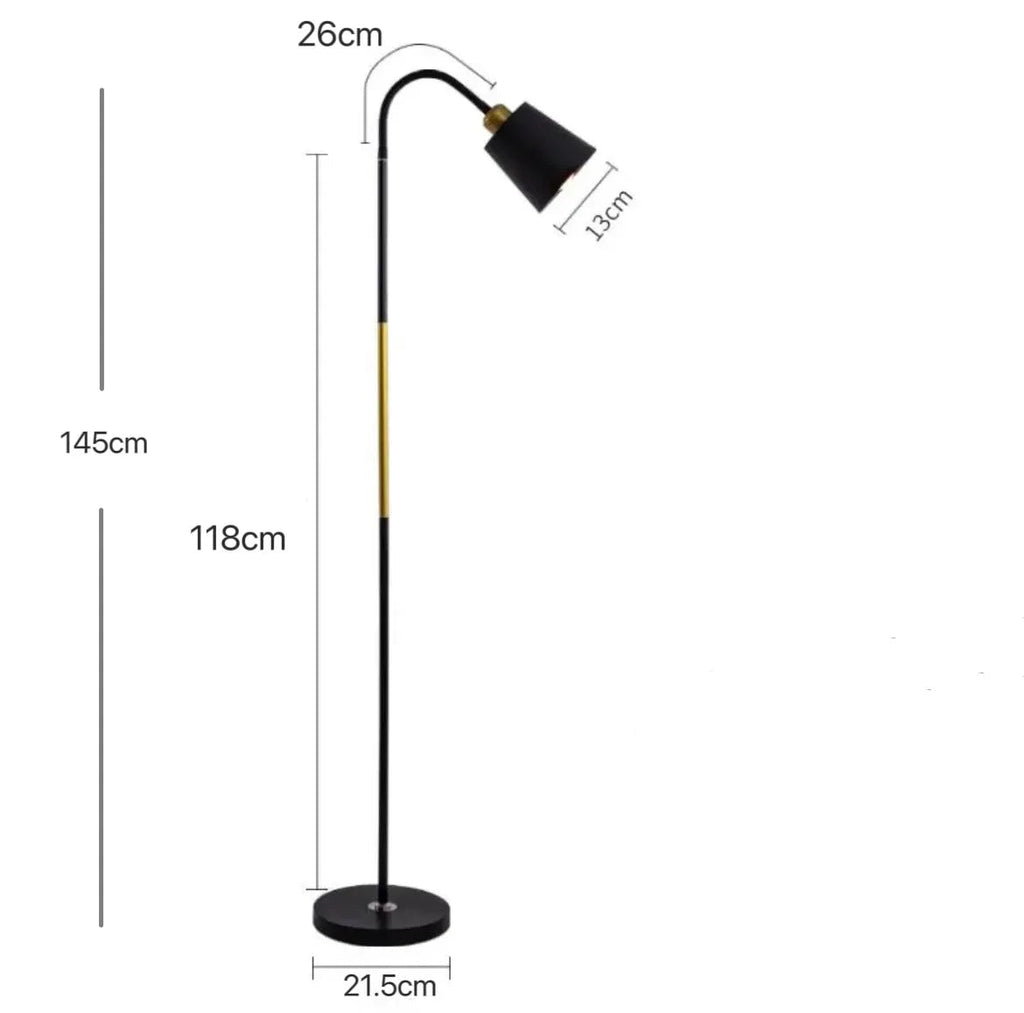 Black floor lamp dimension chart showing 145cm height, 13cm shade, and 21.5cm base