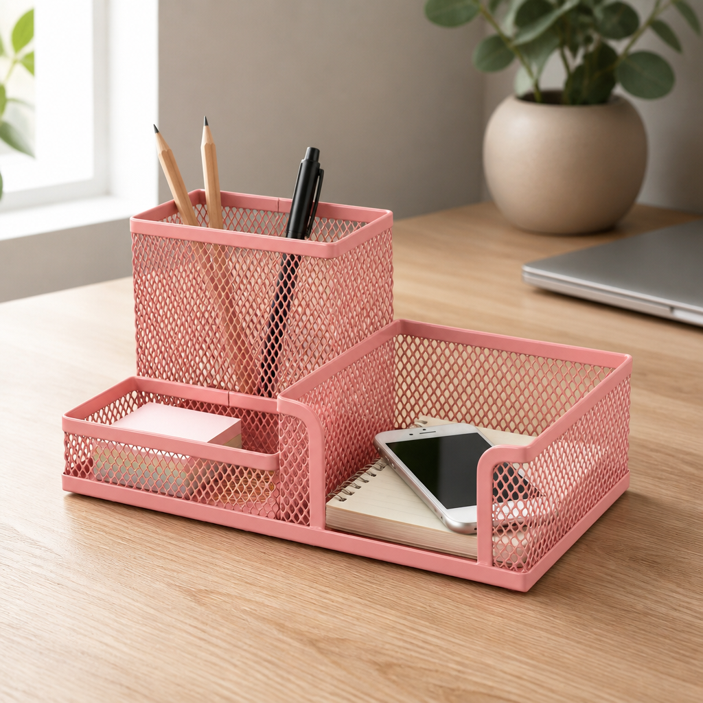 Metal Mesh Desk Organiser with Compartments | Minimal Workspace Storage