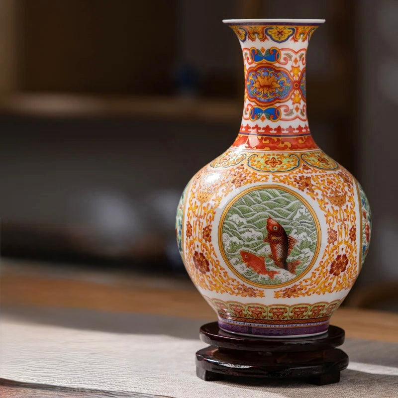 Traditional Chinese porcelain vase with koi fish motifs