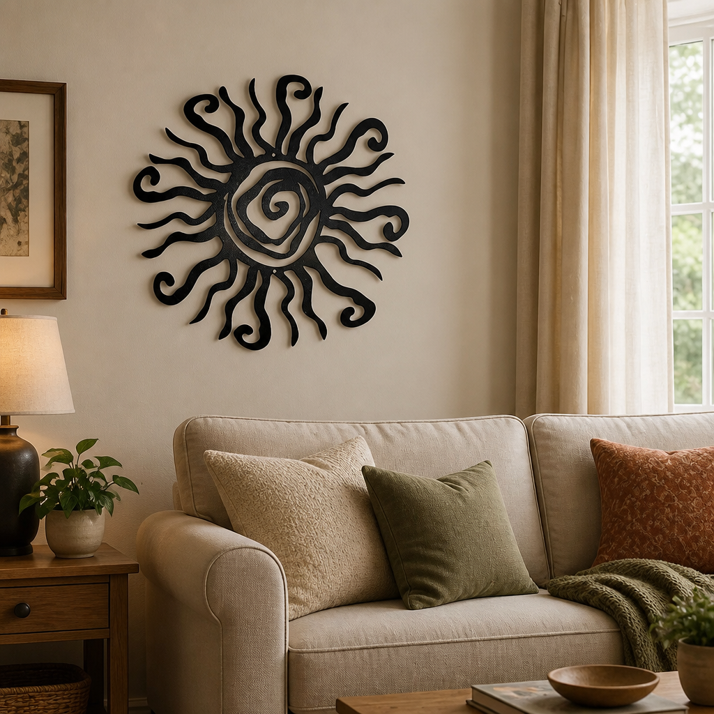 Black metal sun wall art mounted on a beige wall above a light beige sofa with decorative pillows in a styled living room setting.