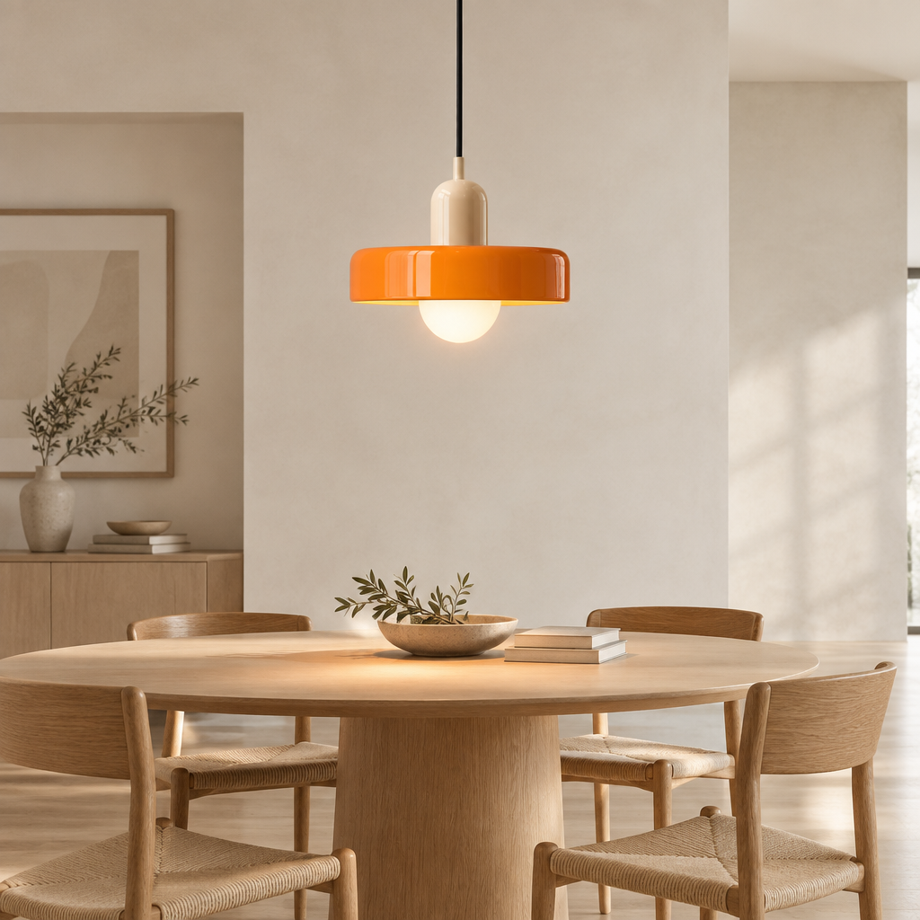 A modern pendant light with a glossy orange outer shade and a cream-colored inner accent hangs above a round wooden dining table with woven-back chairs in a minimalist, warm-toned dining room.