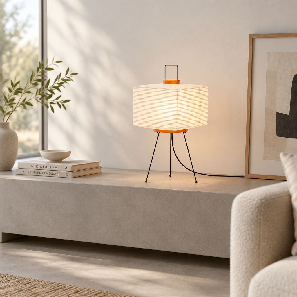 A modern table lamp with a white pleated paper cylinder body, orange accents, and three black tripod legs, placed on a concrete bench in a minimalist living room.