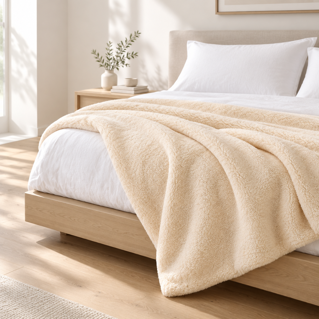 Cream plush blanket on a bed.