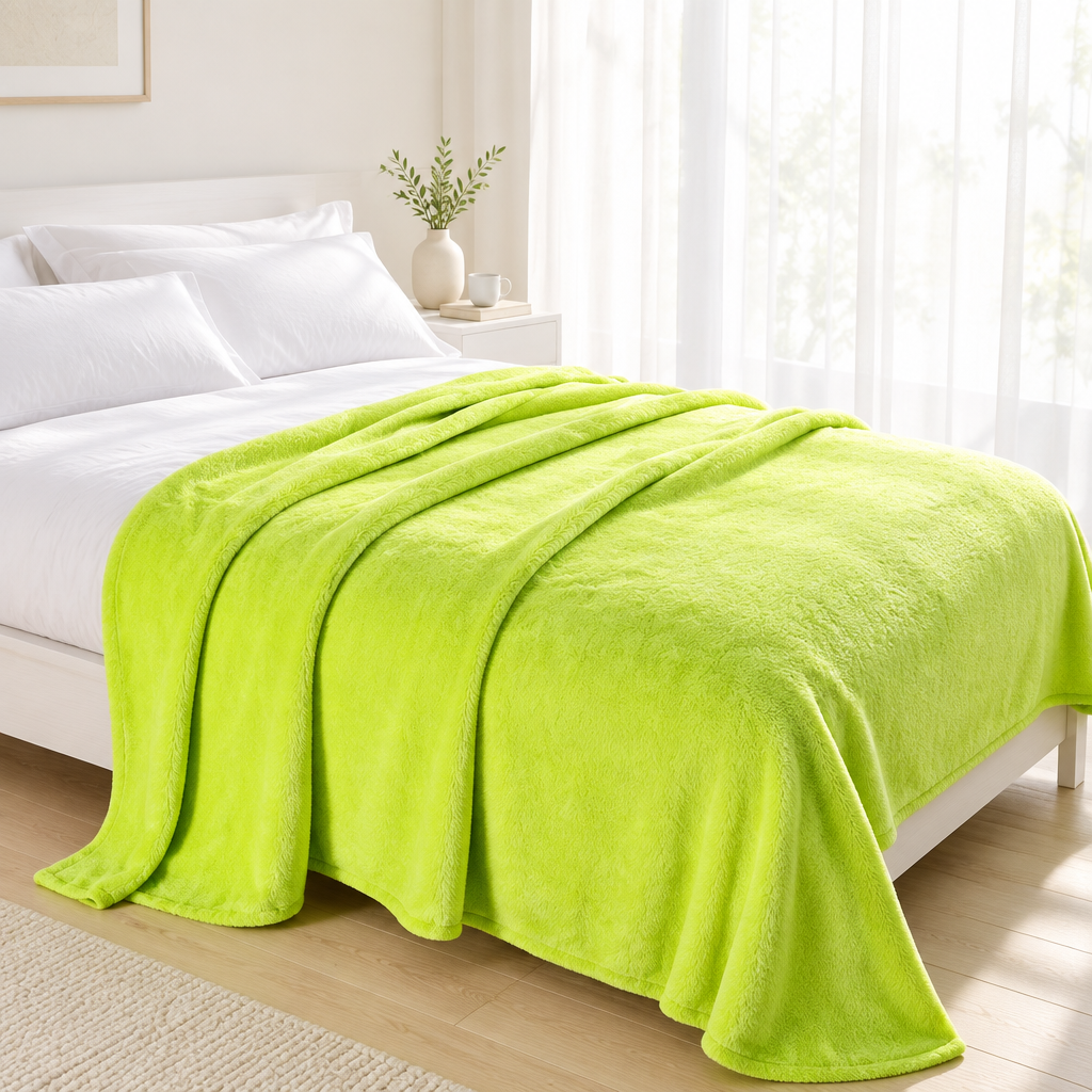 Lime green plush blanket folded back across a white bed