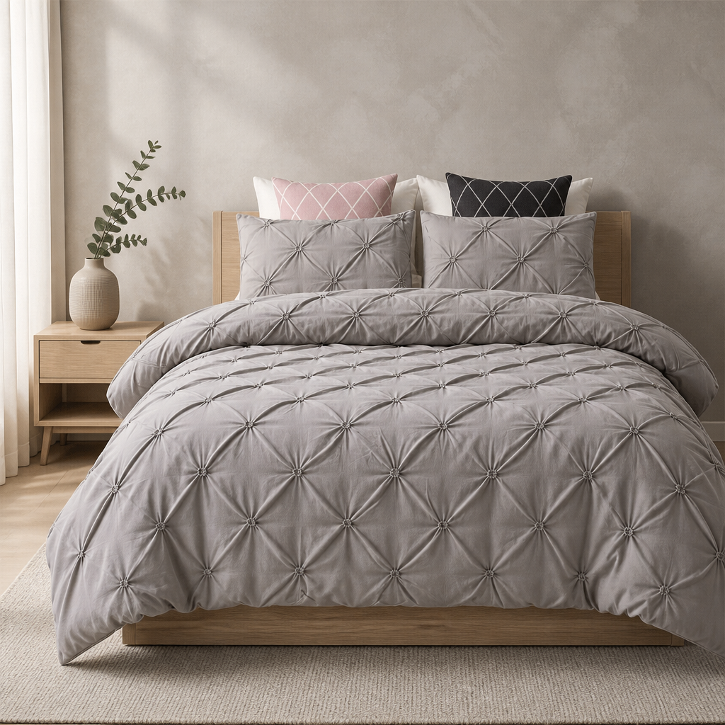 Mocha pintuck duvet set with matching pillowcases dressed on a double bed in a warm contemporary bedroom