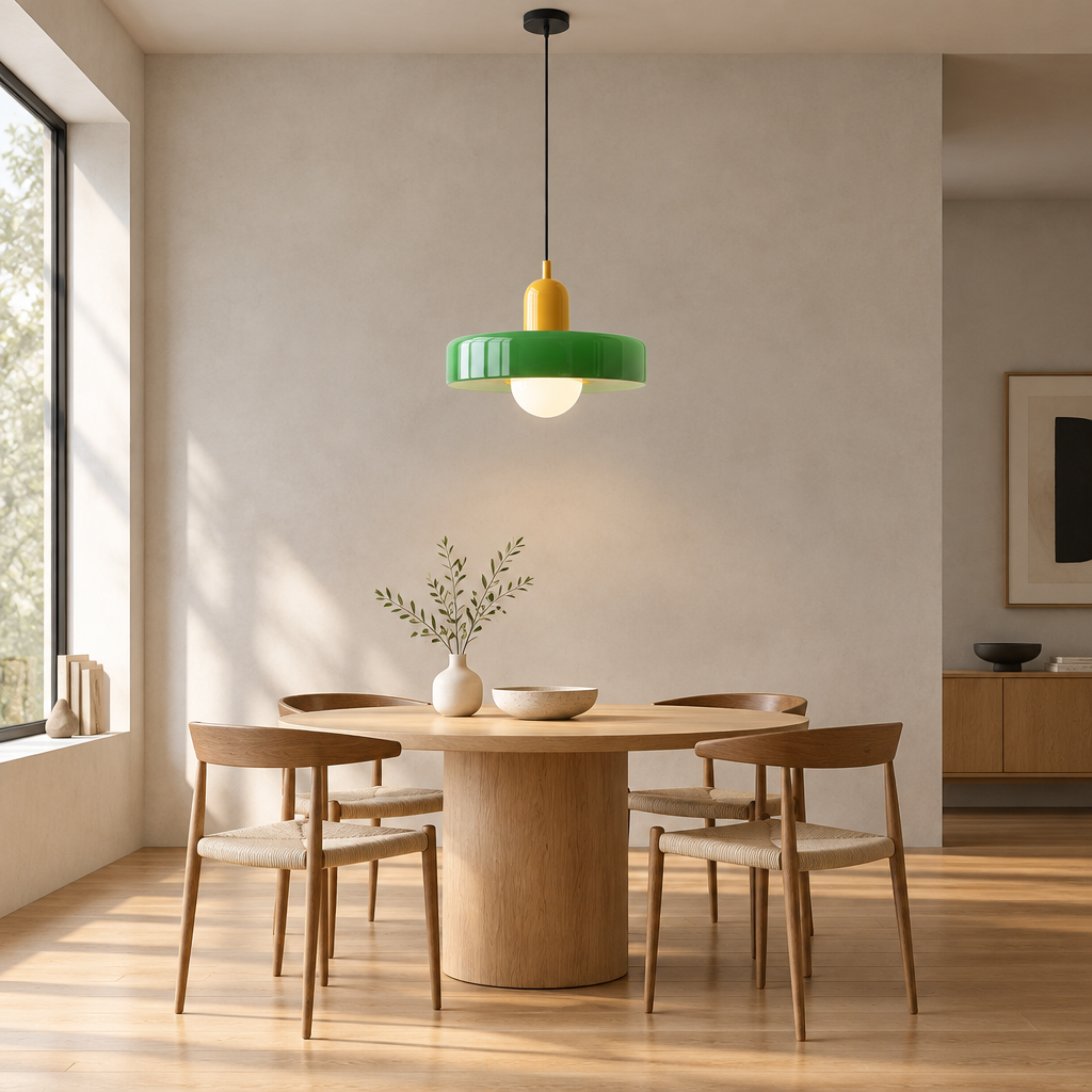 A modern dining room scene with a round wooden table and six matching wooden chairs under a hanging pendant light. The pendant lamp has a bright green outer shade, a yellow middle section, and a white globe bulb.