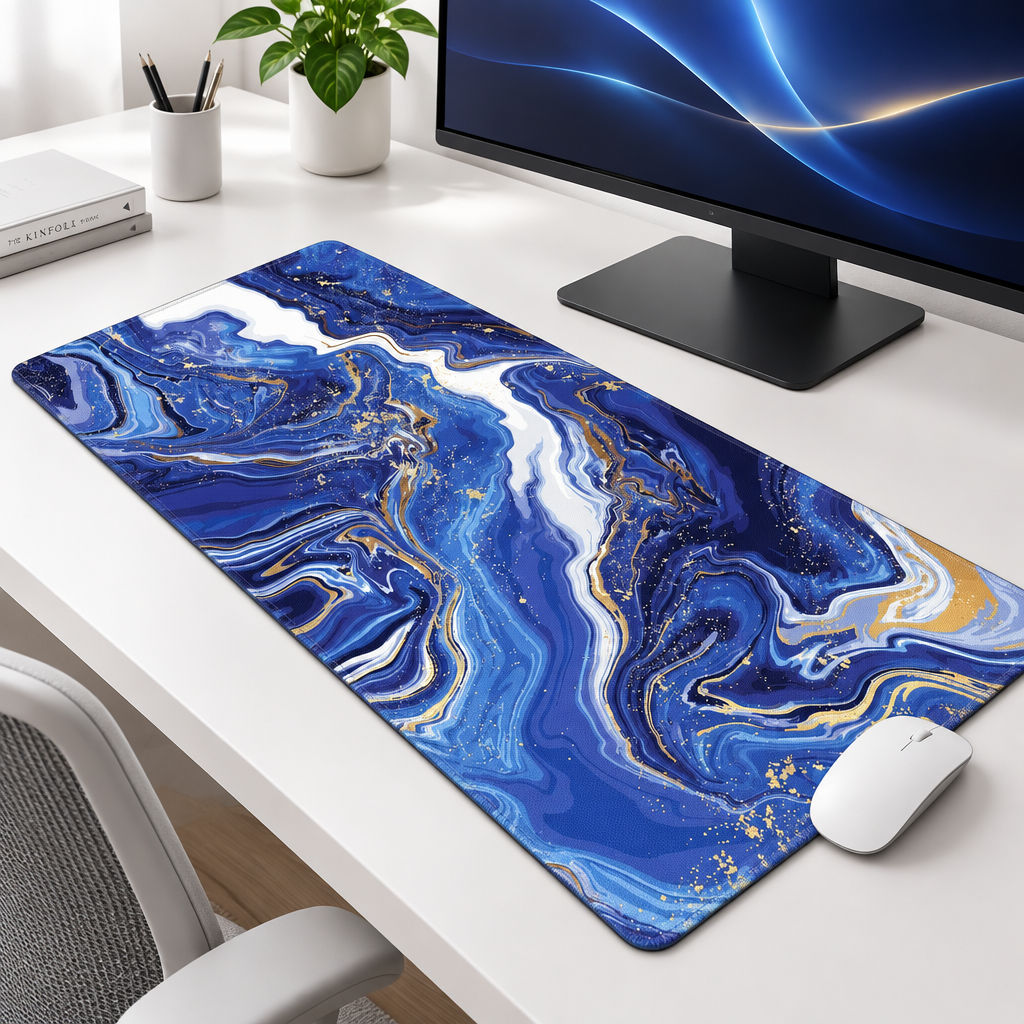 A large desk mat with a blue, white, and gold abstract marble pattern is shown on a white desk next to a computer monitor and mouse.