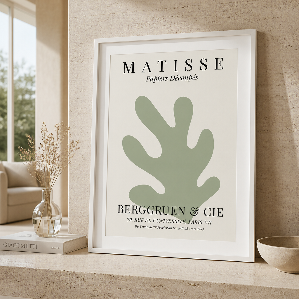 Matisse-style canvas print with pale green cutout leaf shape and French poster text.