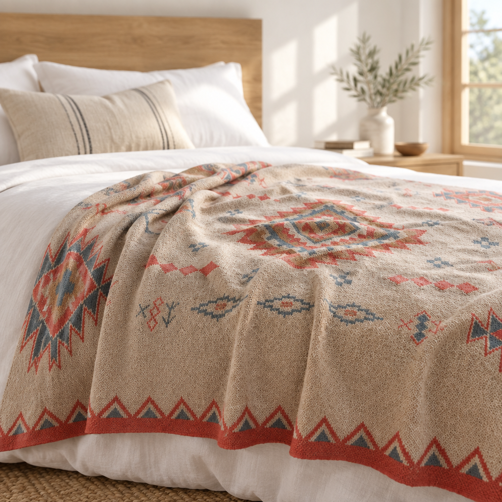 A textured woven throw blanket with a Southwestern geometric pattern in beige, red, and blue, draped over a bed with white linens in a bright, modern bedroom.