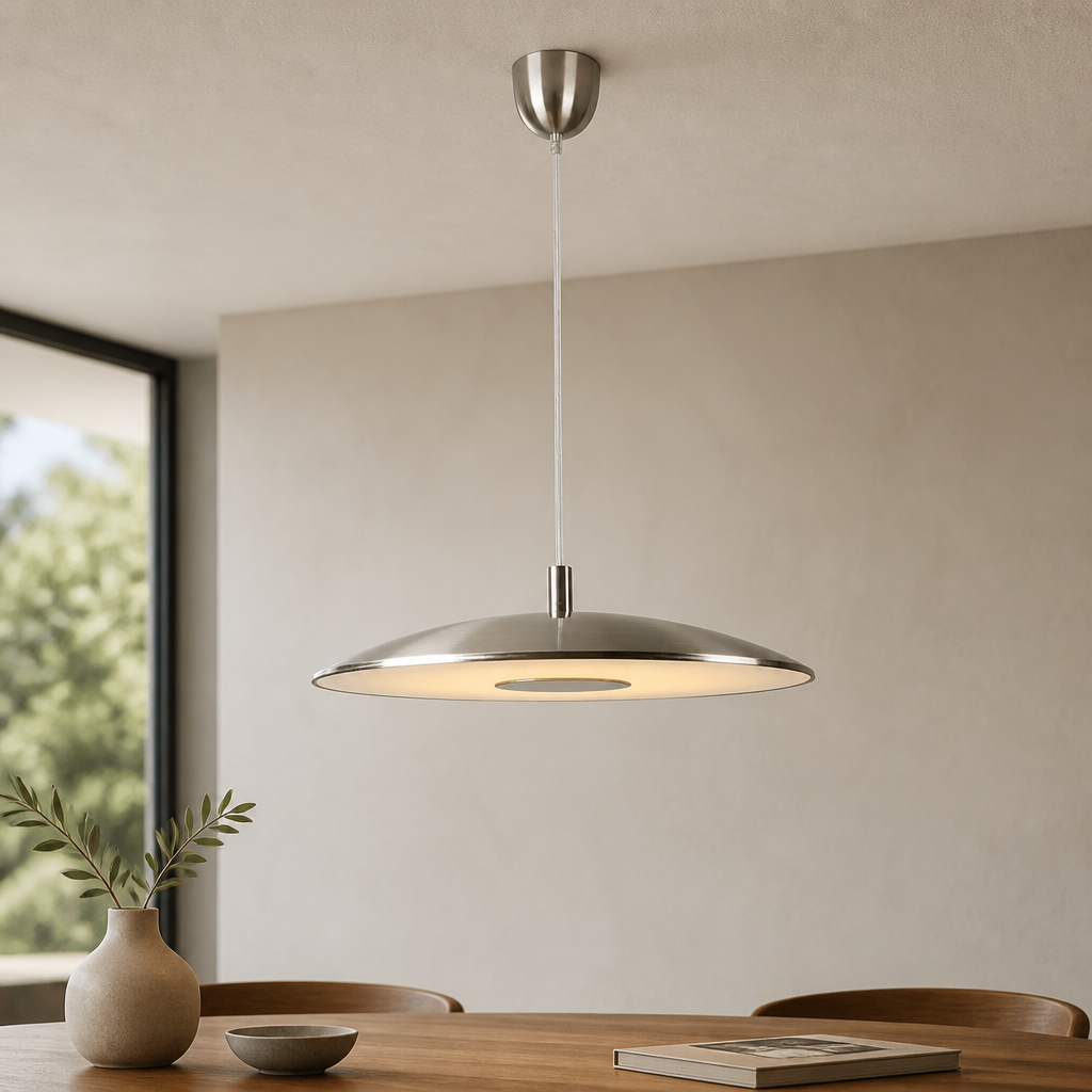 Modern Chrome pendant light hanging above a dining table with a neutral background