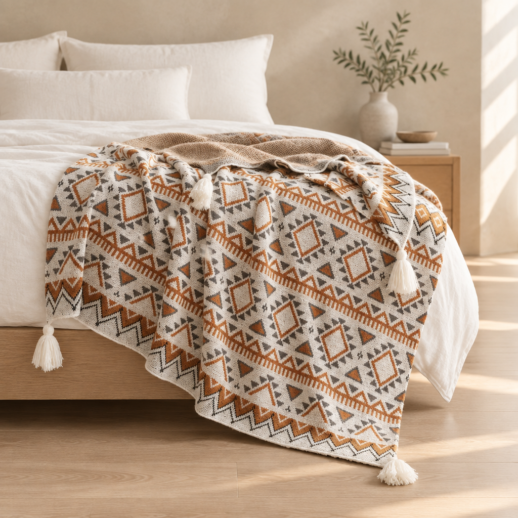 A woven throw blanket with a geometric Southwestern pattern in brown, beige, and white, draped over a bed in a warm, sunlit bedroom.