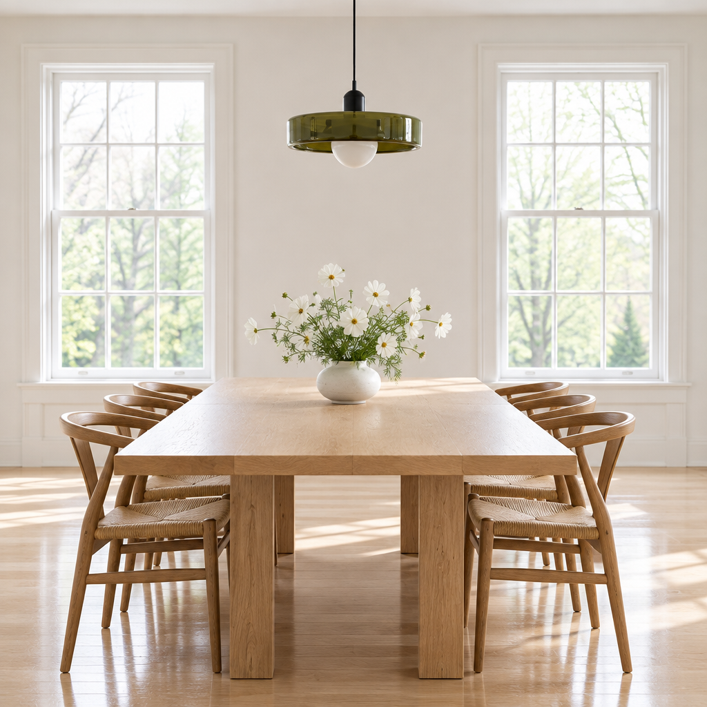 A light natural wood dining table with six matching wooden chairs in a bright, sunlit room with two large windows and a hanging green glass pendant light above.