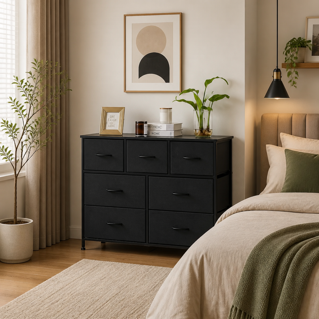A six-drawer black dresser in a styled bedroom setting, positioned next to a bed with neutral linens and a green throw blanket. The room features beige walls, a potted plant, and minimalist wall art.