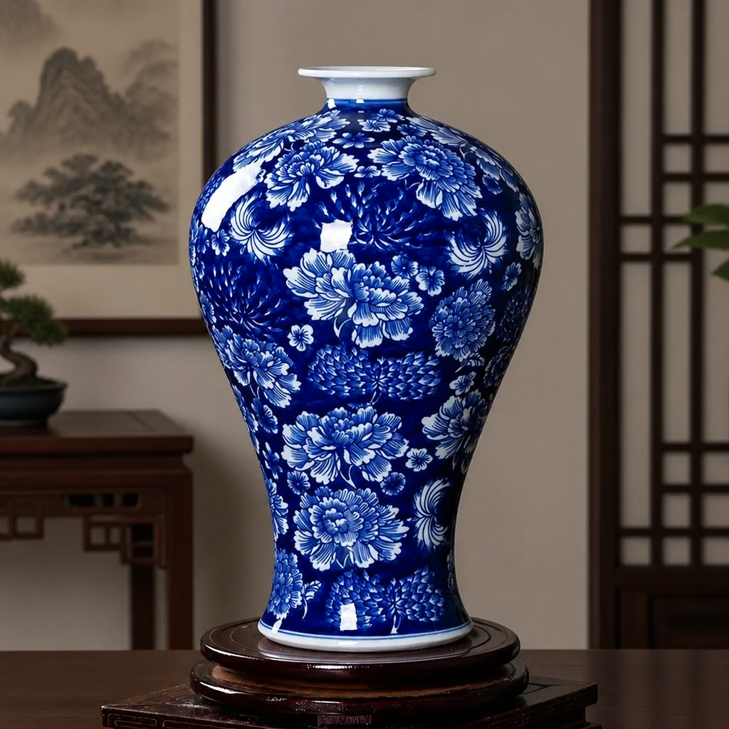 Blue and white meiping-shaped porcelain vase with floral pattern