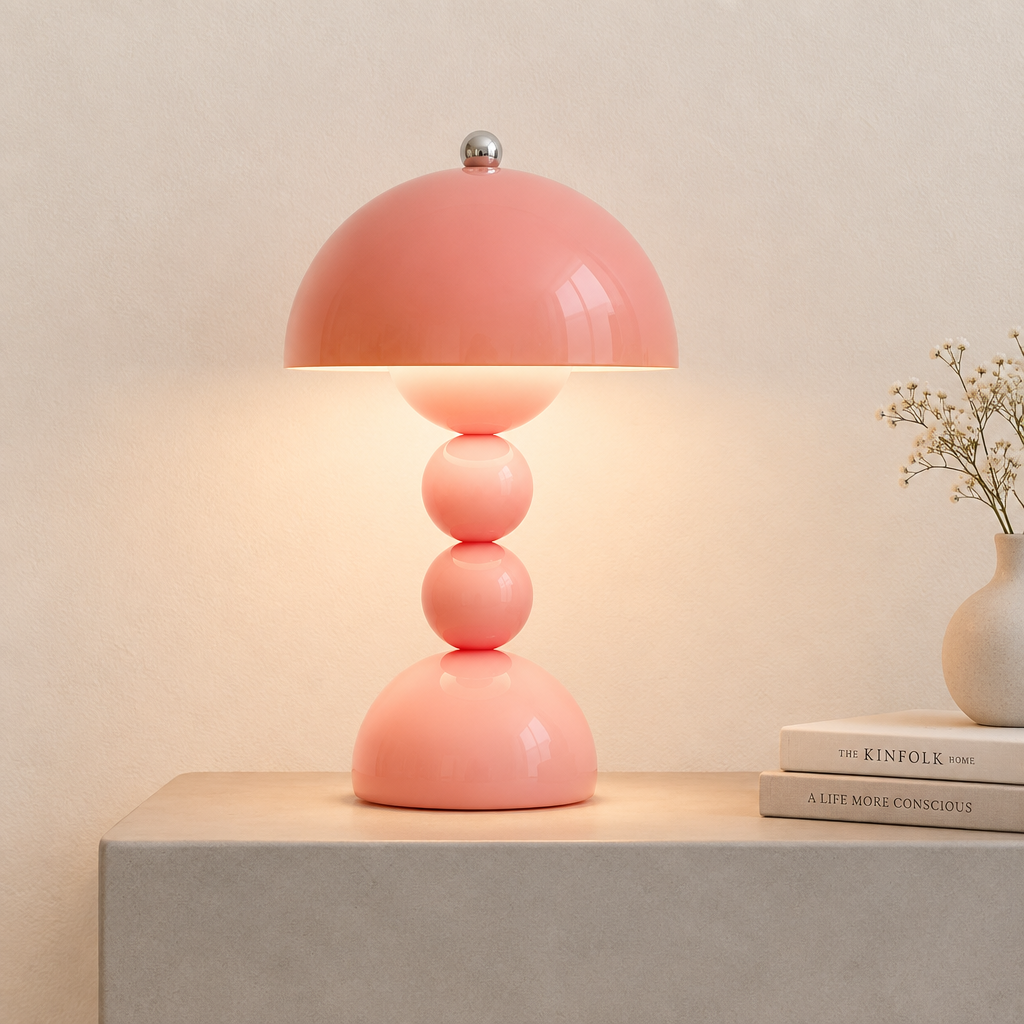 A glossy pink table lamp with a dome-shaped shade and stacked spherical base, lit warmly on a beige surface against a neutral wall. A small vase with dried stems and stacked books sit to the right.