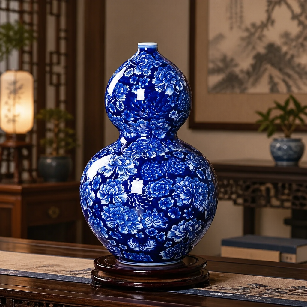 Blue and white double gourd-shaped porcelain vase