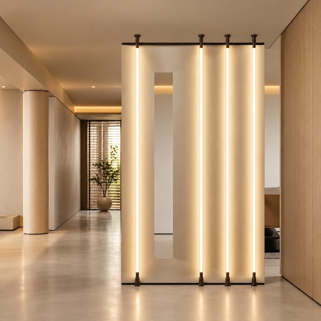 A modern interior space featuring a tall, freestanding vertical slat screen with integrated warm white LED lighting. The screen is supported by a black metal frame with track lighting at the top and bottom, set against a minimalist hallway with light wood floors and walls.