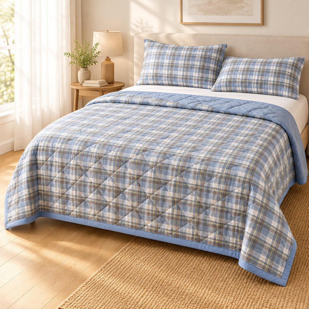 A quilted bedspread and matching pillow shams in a blue, beige, and white plaid pattern, styled on a bed in a bright, sunlit bedroom.