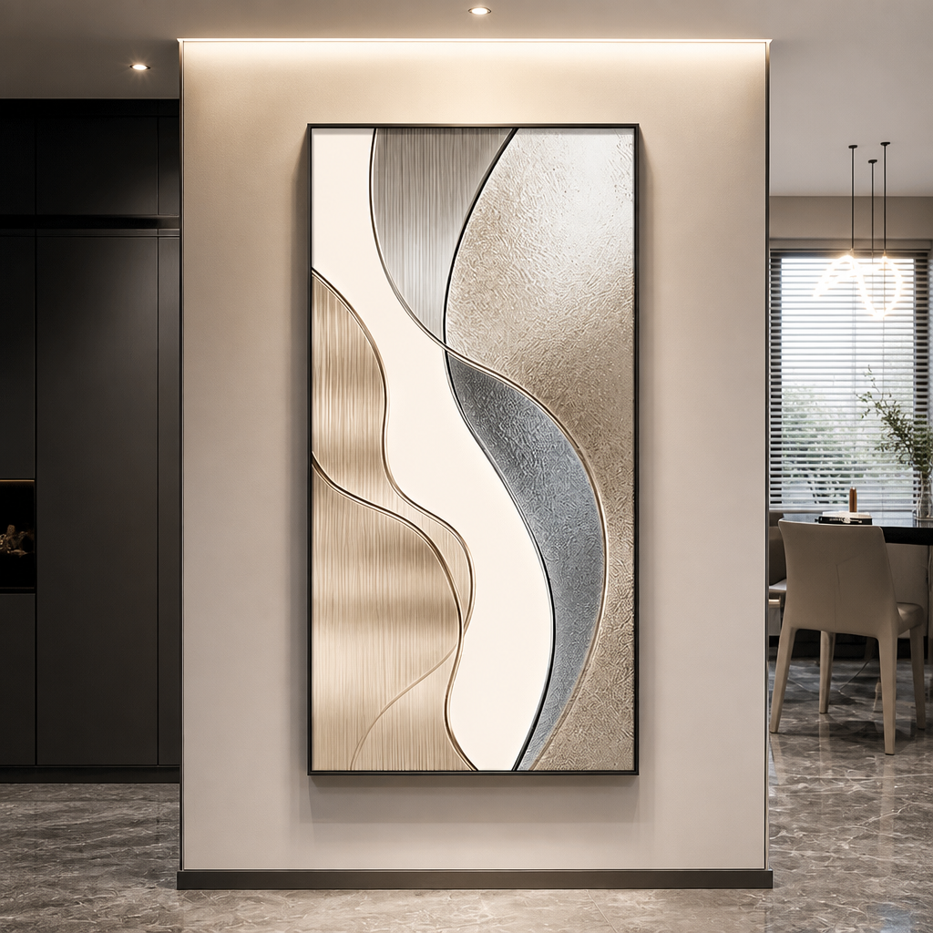 Grey and beige ribbon-pattern LED wall art in a hallway