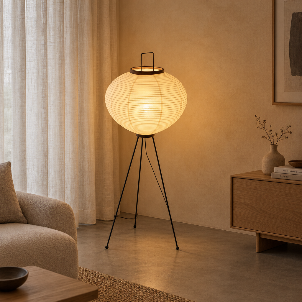 Large rice paper floor lamp on a black metal tripod base with wooden trim, 120cm tall and 53cm wide.