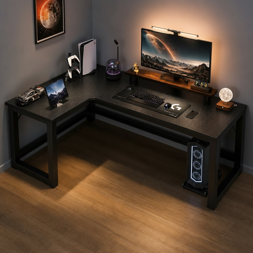Modern gaming desk setup with computer monitor, keyboard, and speakers in a dimly lit room.