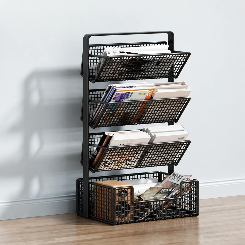 A black metal wire magazine rack with three upper shelves and one larger bottom storage basket, shown holding books and magazines against a light gray wall and wood floor.