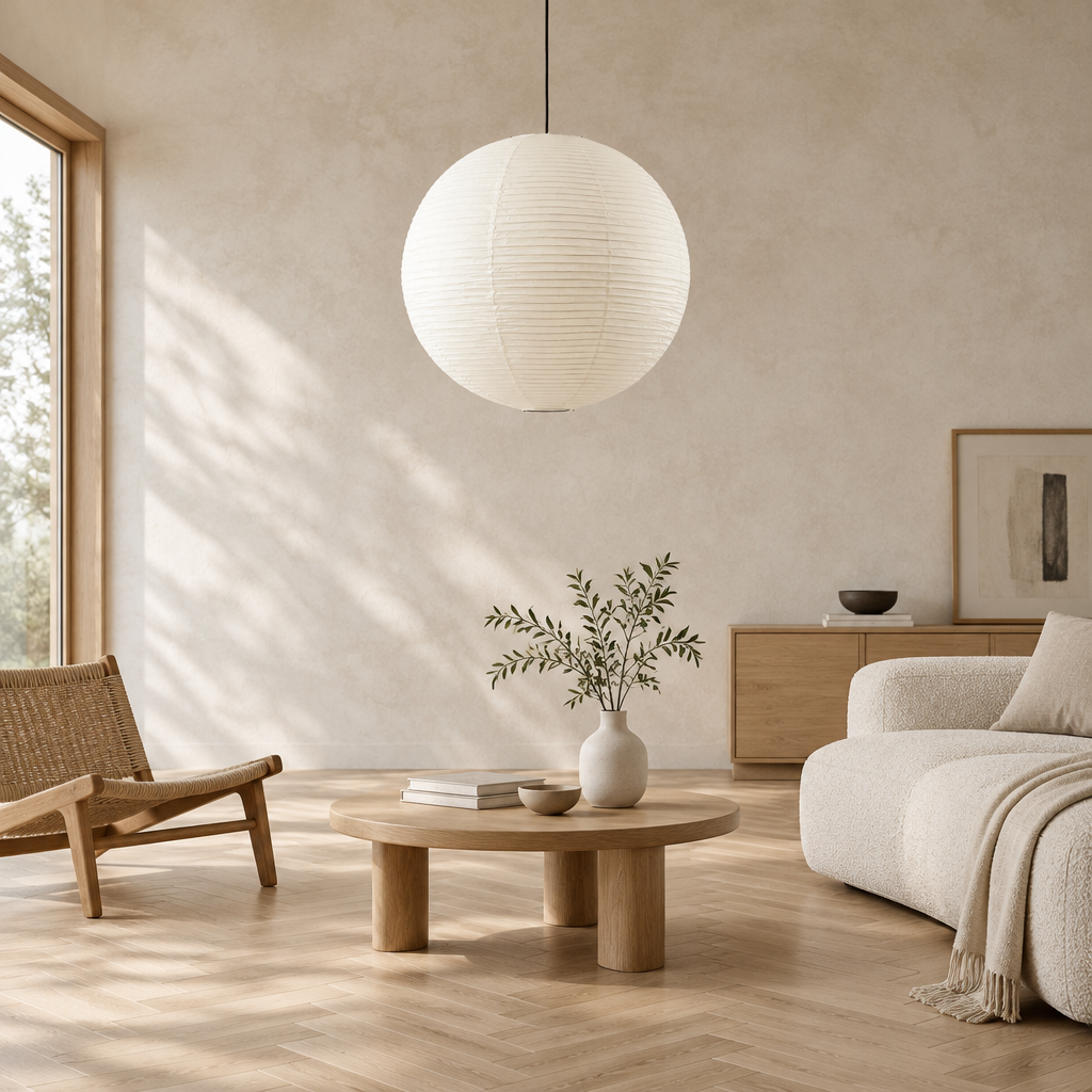 Round rice paper pendant light, 30 cm, with ribbed paper shade and 1.5 m adjustable hanging wire