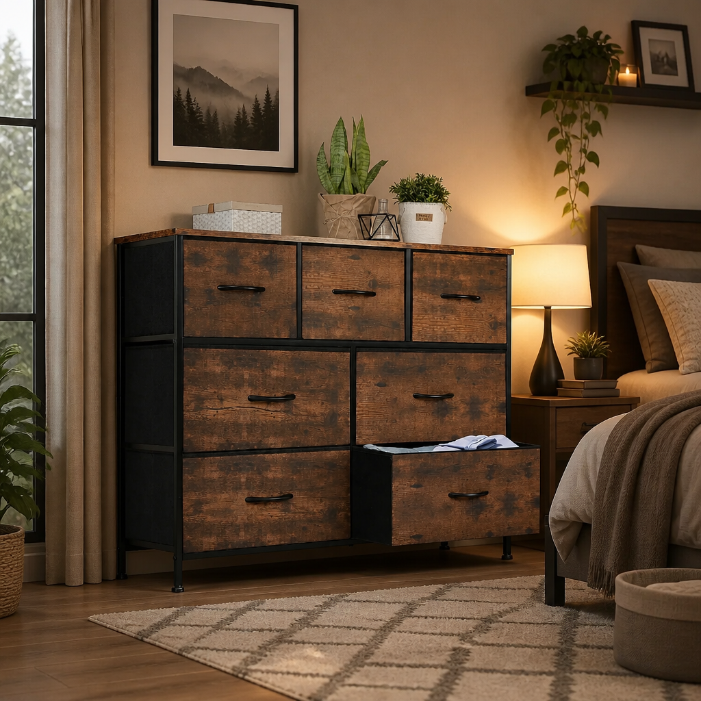 Brown 7-drawer fabric dresser with wood-tone finish and open bottom drawer