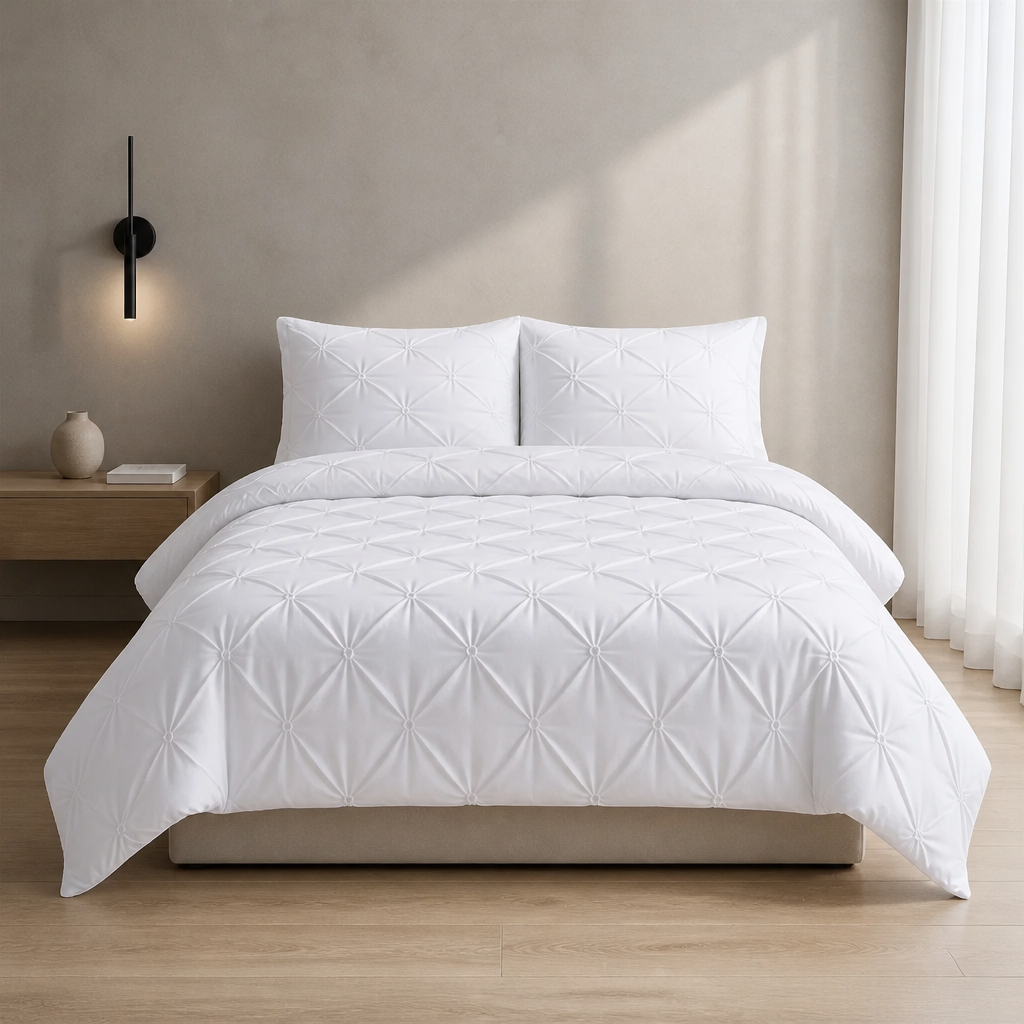 White pintuck duvet set with matching pillowcases dressed on a double bed in a warm contemporary bedroom