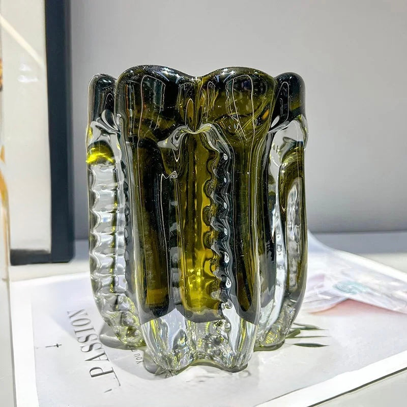 Olive smoke sculpted glass vase, large, 15cm height, 12cm width