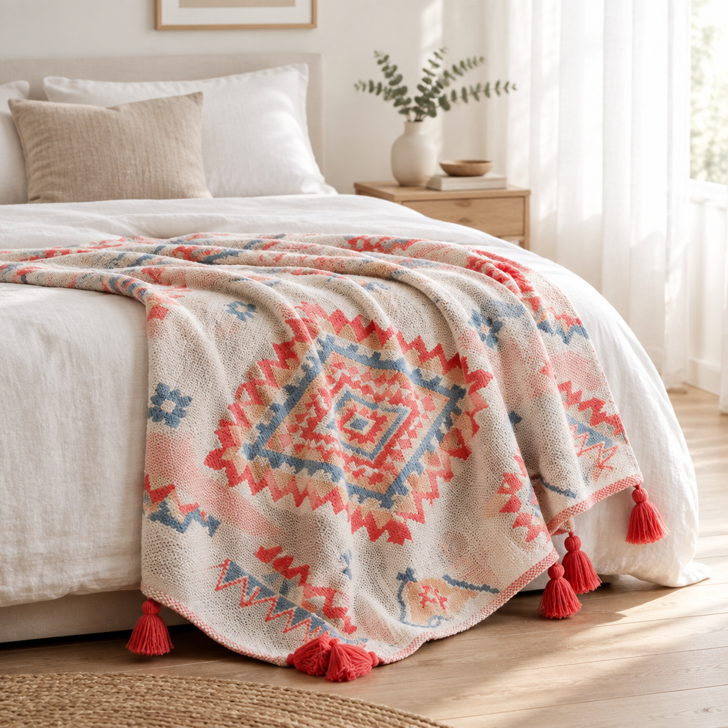 A woven throw blanket with a Southwestern-style geometric diamond pattern in coral red, dusty blue, and cream, draped over a bed in a bright, modern bedroom.