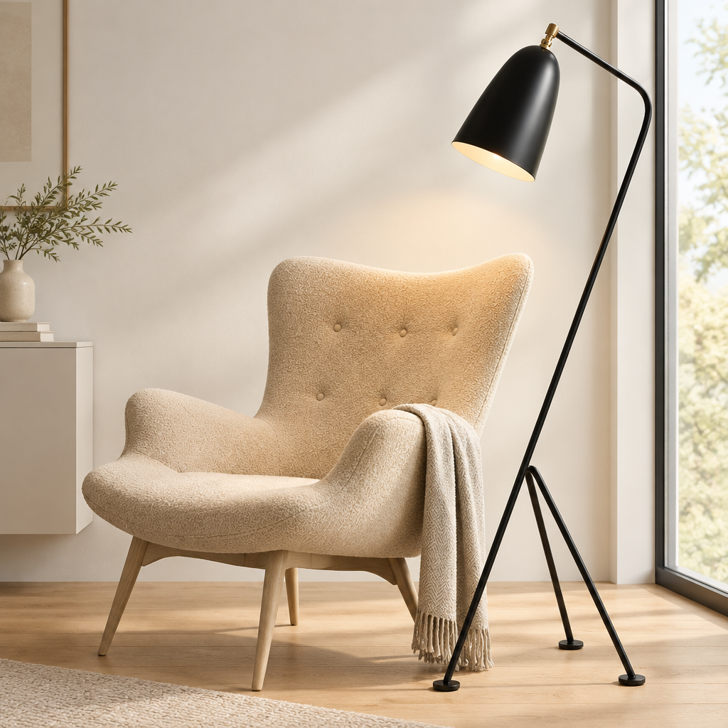 A modern black floor lamp with a tapered metal shade and tripod base stands beside a tufted beige armchair in a bright, minimalist room with a window and warm sunlight.