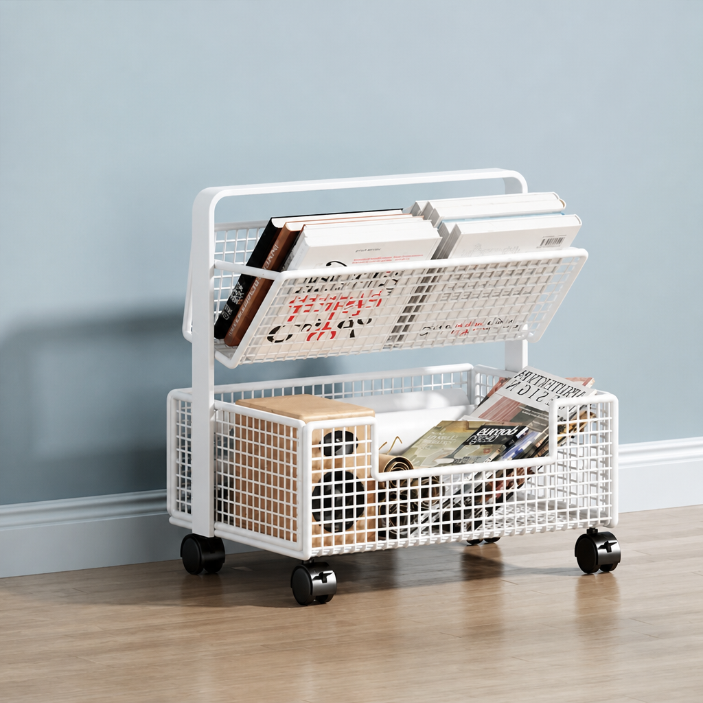White 2-tier mesh book cart on wheels, 35cm