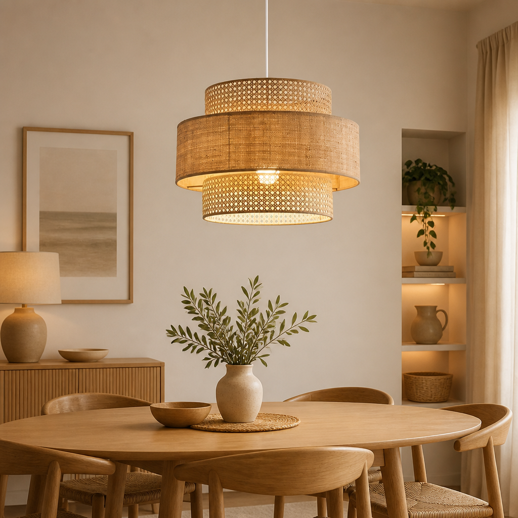 A warm, modern two-tier pendant light with woven natural fiber shades hangs over a round wooden dining table in a beautifully styled, neutral-toned dining room.