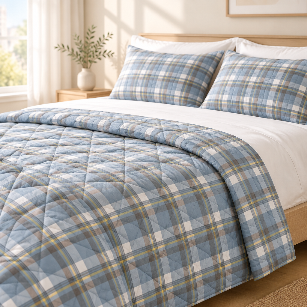 A light blue plaid quilted comforter set on a bed with matching pillow shams, white sheets, and a wooden headboard in a bright bedroom setting.