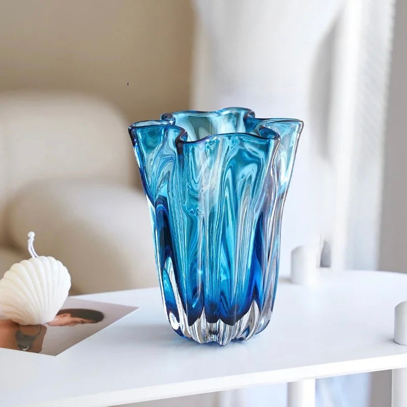 Blue Ripple Glass Vase – Sculptural Modern Decorative Flower Vase