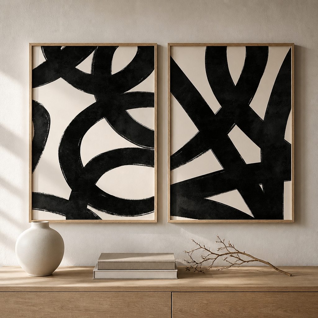 Modern Abstract Brushstroke Canvas Prints – Black & Neutral Minimalist Wall Art
