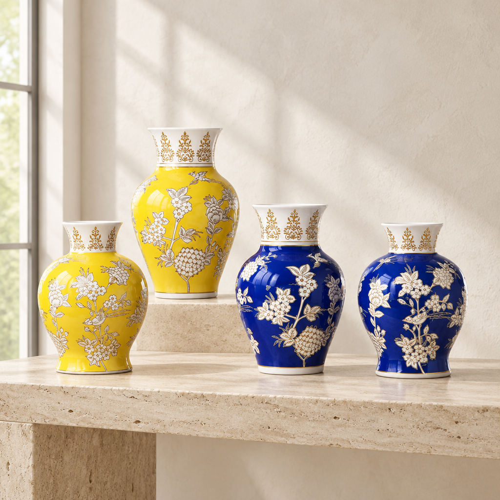 Four decorative ceramic vases with floral and fruit motifs in yellow and blue, displayed on a stone shelf in a bright interior setting.