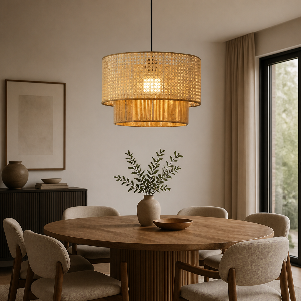 A modern cylindrical pendant light with a woven natural-fiber shade hangs over a round wooden dining table in a softly lit neutral-toned dining room with upholstered chairs, a window, and a vase on the table.