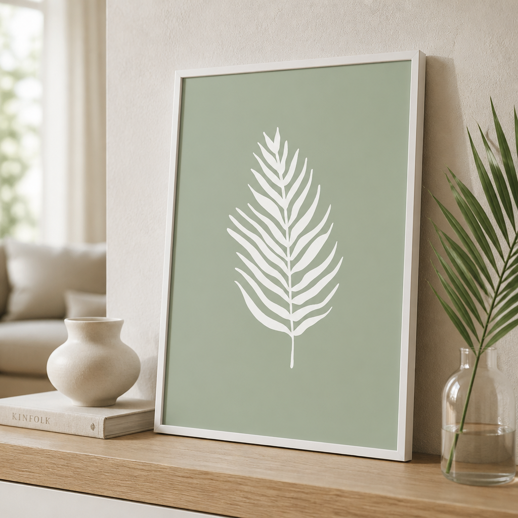 Sage green canvas print with a white botanical palm leaf design.