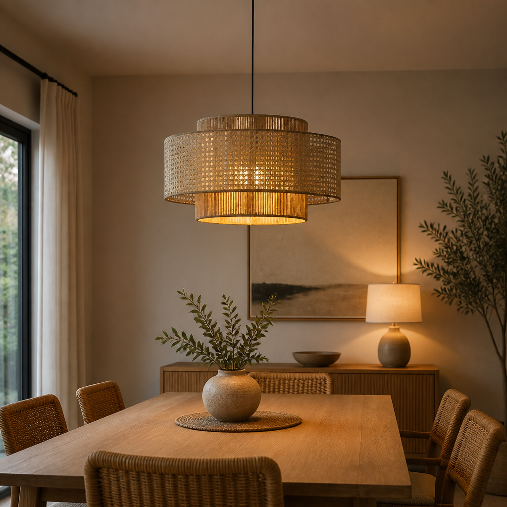 A modern two-tier cylindrical pendant light with a woven natural fiber shade hangs over a wooden dining table in a warm, neutral-toned dining room.